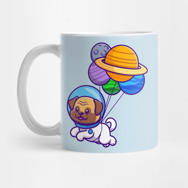 Cute Pug Dog Astronaut Floating With Planet Balloon Cartoon by Catalyst Labs